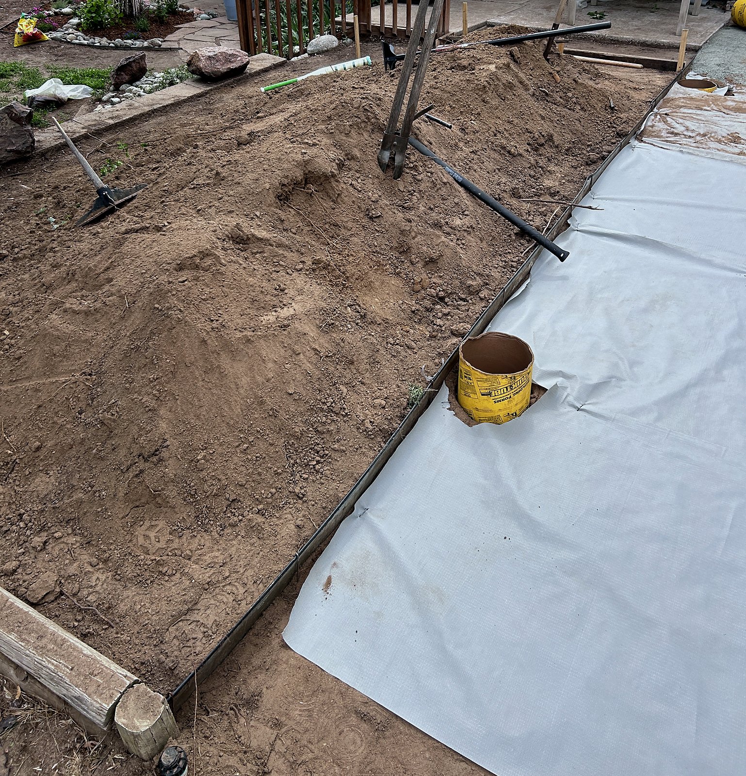 Edging set and weed barrier laid along the excavated patio line