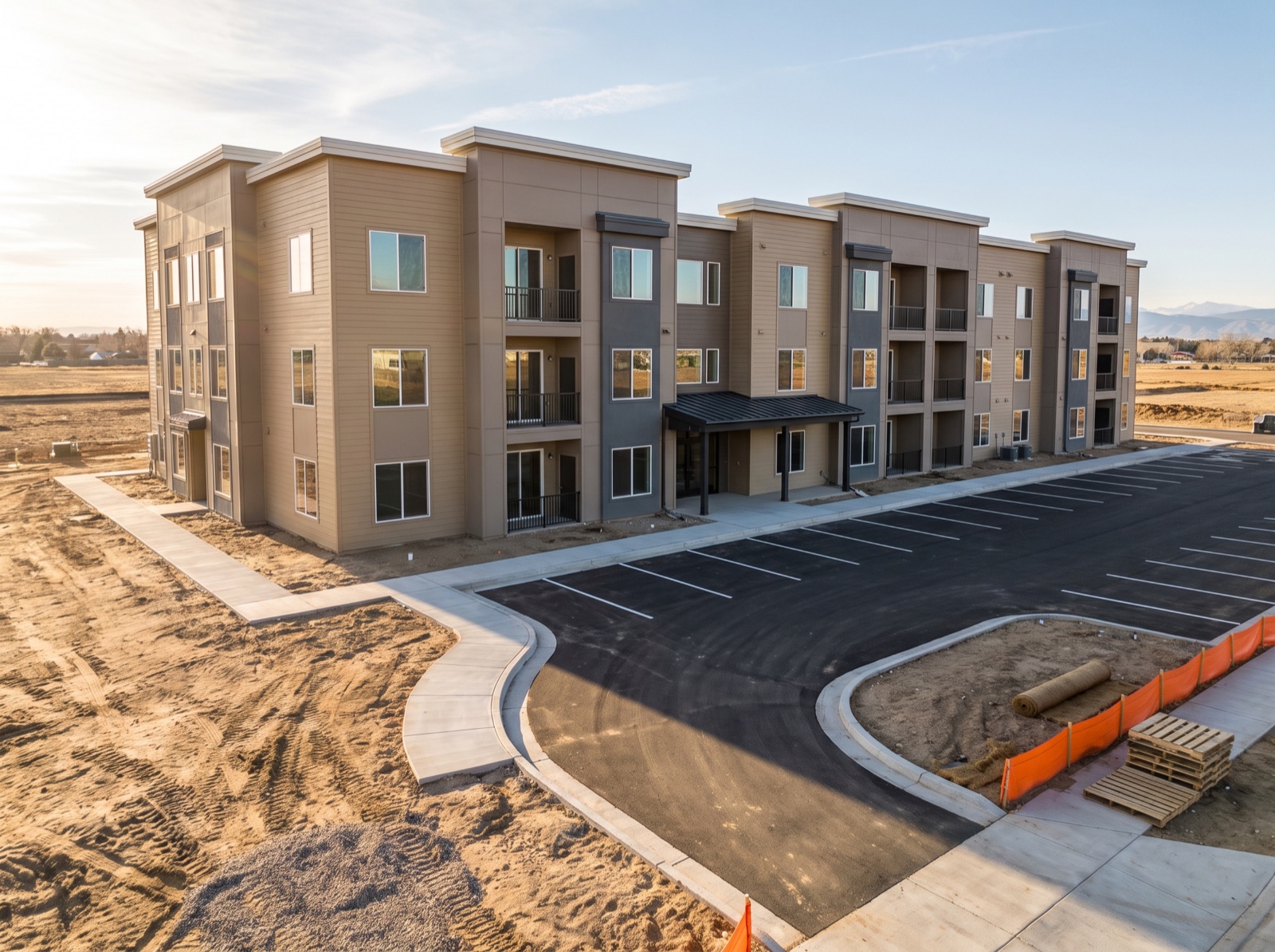 Illustration of a newly completed apartment building with walks poured and the surrounding ground still bare construction soil